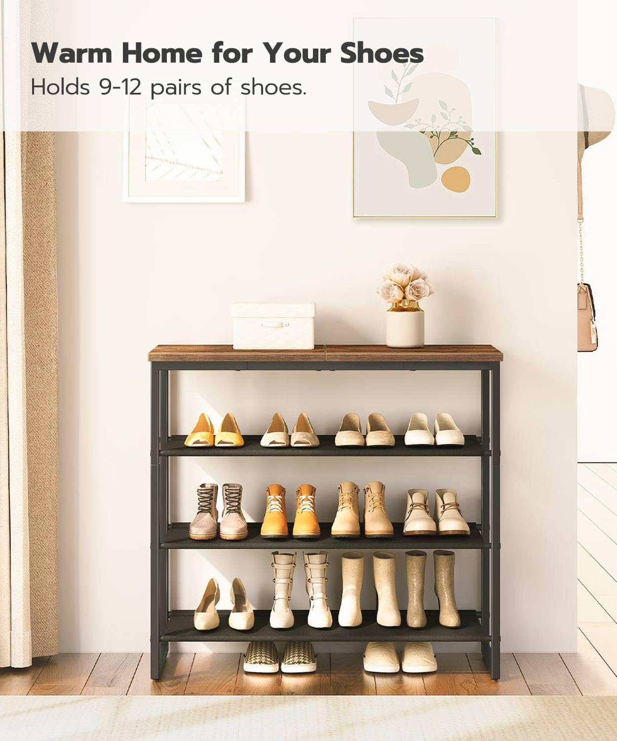 4 Tier Shoe Rack, Rustic Brown Industrial Style - 3 Oxford Fabric Shelves + Top Panel, Holds 12-16 Pairs, Ideal for Closet & Entryway Shoe Storage