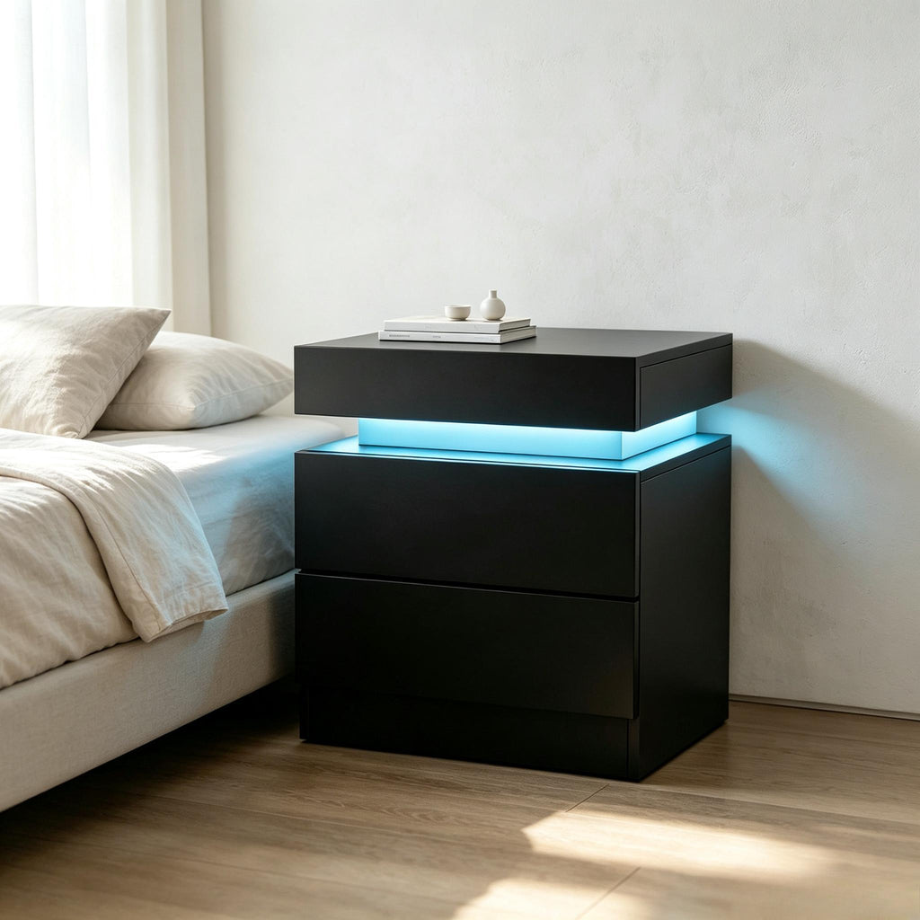 Modern LED Bedside Table with RGB Lights App & Remote Control, Lift‑Top Hidden Storage 2 Drawers High Gloss Nightstand, USB Powered Side Cabinet for Bedroom Living Room, Self‑Assembly