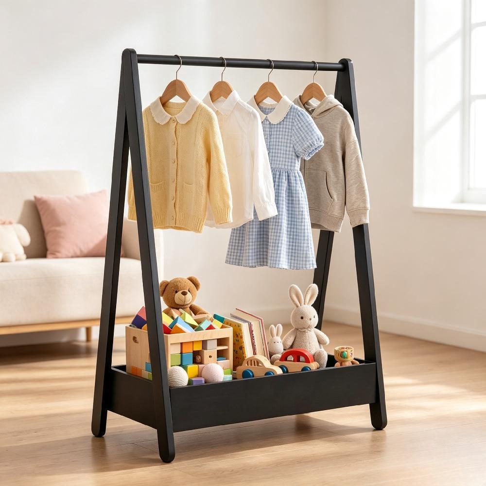 White Solid Pine Wood Kids Clothes Rack with Hanging Rail and Storage Shelf, 99H x 64.5W x 42D cm, Portable Space-Saving Stand for Toys and Footwear, Children's Bedroom Organiser [Plus A Free Gift]