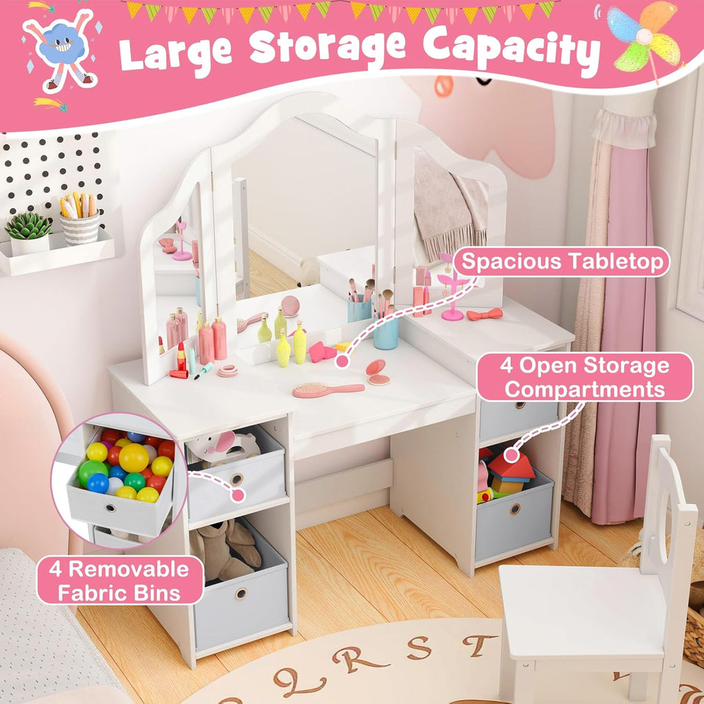 【NS】Kids Vanity Table and Stool Set, Princess Makeup Dressing Tables with Tri-Folding Detachable Mirror, 4 Storage Shelves, Wooden Children Study Desk for 3+ Years Old (White with Grey Bins)