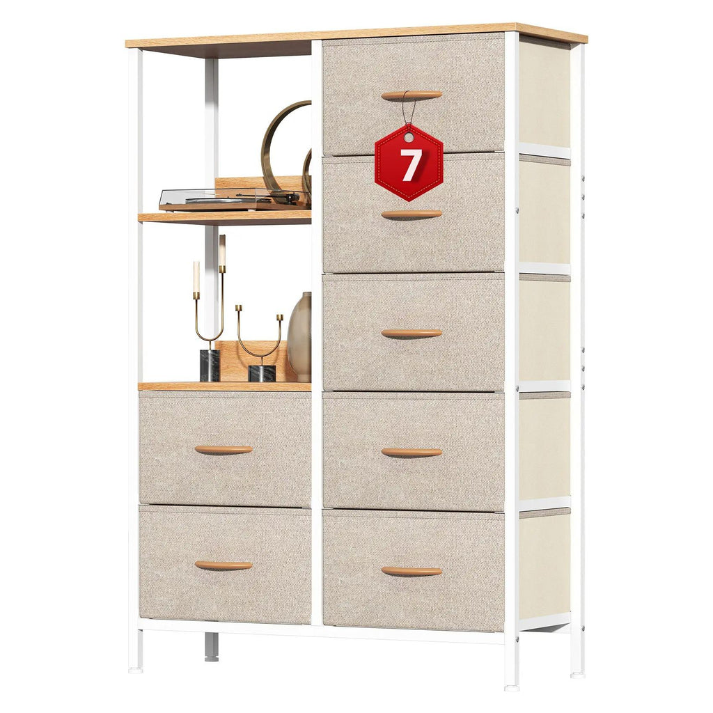 7-Drawer Fabric Storage Tower with Steel Frame & Wood Top Easy-Pull Handles for Bedroom Hallway Entryway & Closet Spacious Multi-Zone Storage Modern Aesthetic Lightweight & Easy to Relocate
