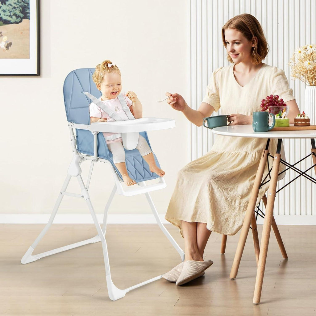 Foldable Baby High Chair, Compact Lightweight Toddler Feeding Highchair with 3‑Position Adjustable Tray & Footrest, Removable Seat Cushion, 5‑Point Safety Harness for 6‑36 Months