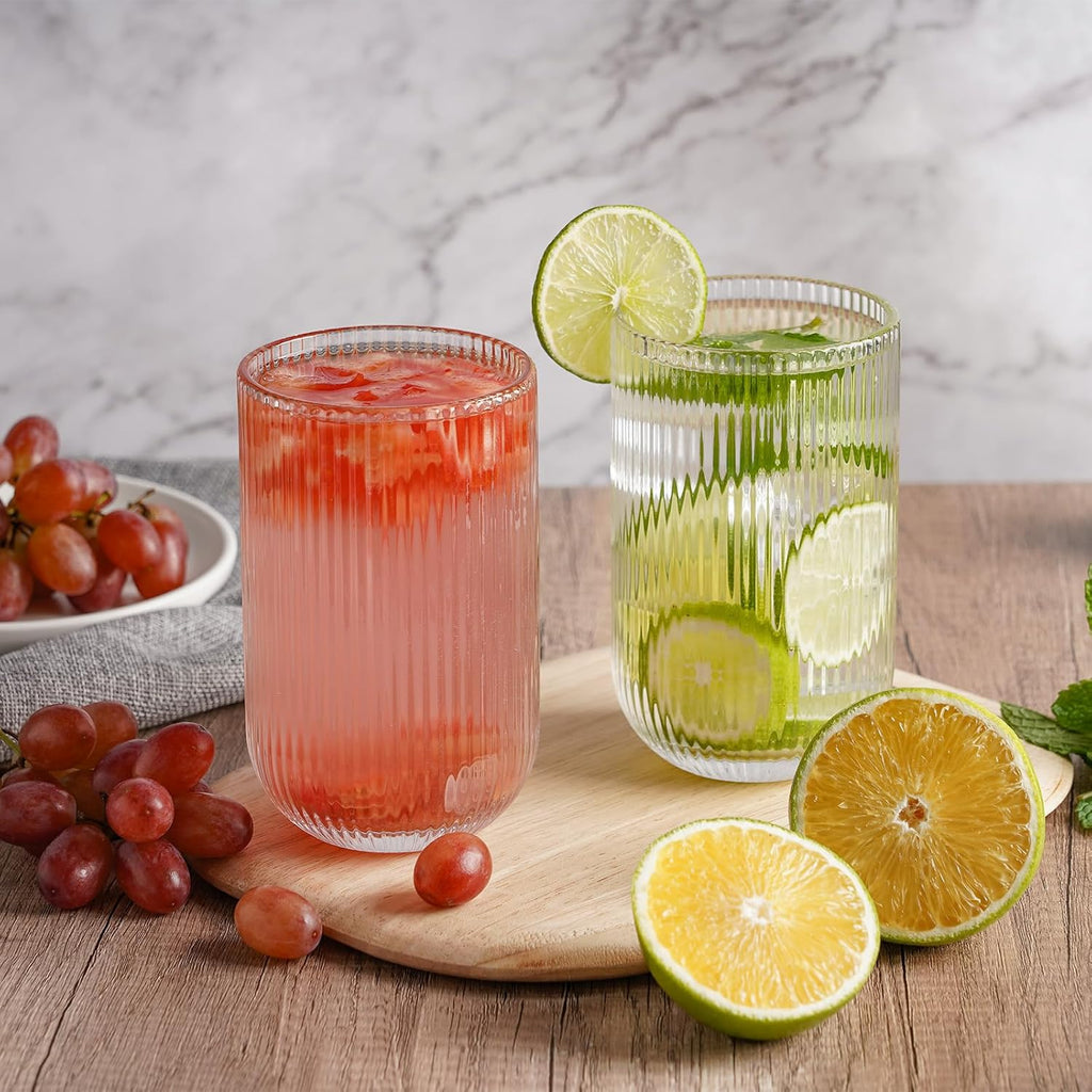 410ml Ribbed Highball Glasses Tall Hi Ball Glassware for Water Gin Juice Cocktail Ideal for Home Restaurant Events & Parties Dishwasher Safe
