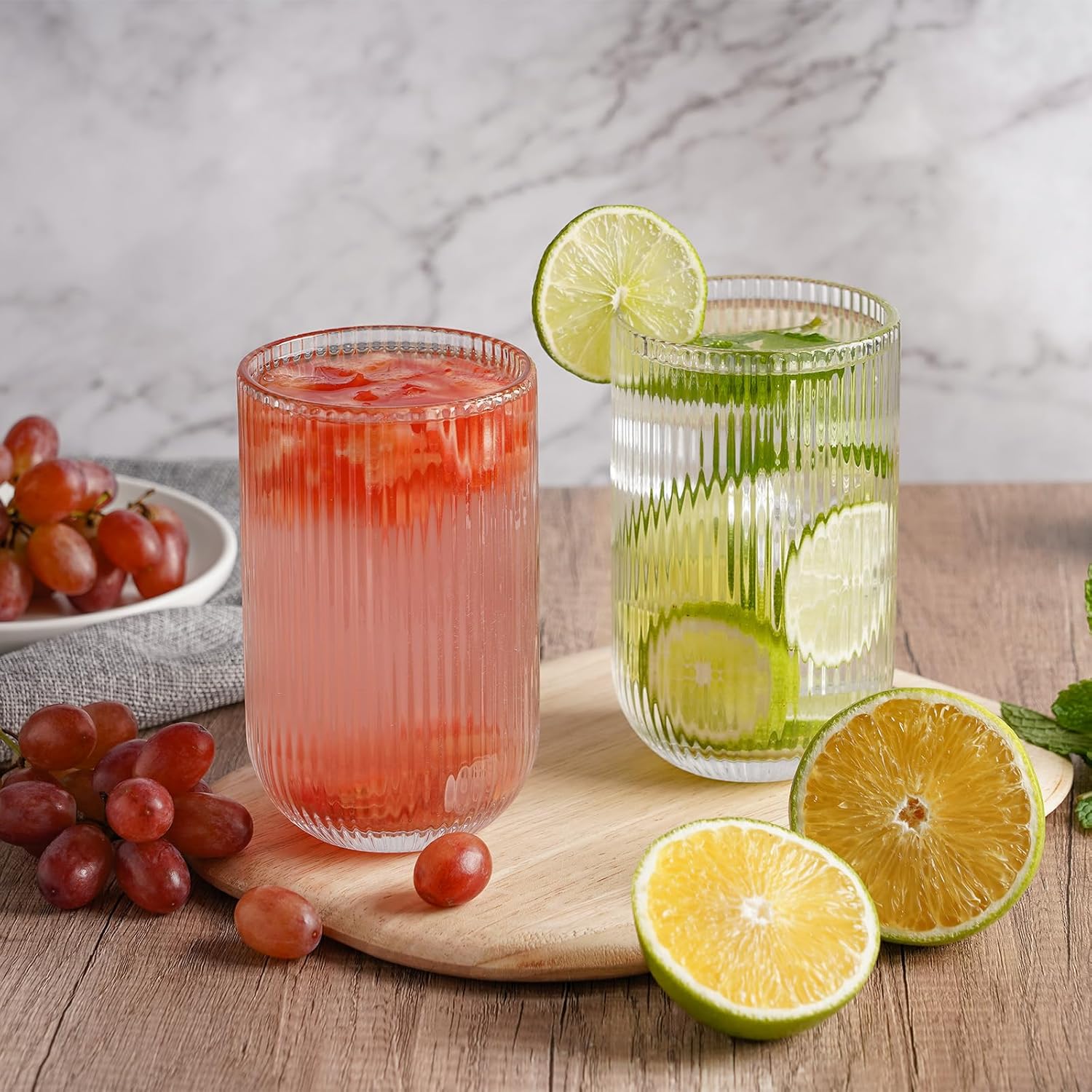 410ml Ribbed Highball Glasses Tall Hi Ball Glassware for Water Gin Juice Cocktail Ideal for Home Restaurant Events & Parties Dishwasher Safe