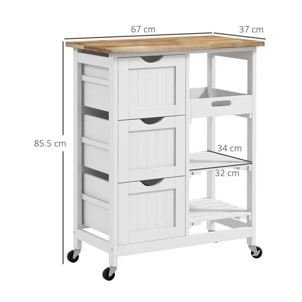 Rolling Kitchen Trolley Cart, Mobile Kitchen Island with Rubberwood Worktop, White MDF Storage Cart with 3 Drawers, Open Shelves & Removable Serving Tray, Lockable Wheels for Dining & Kitchen Storage