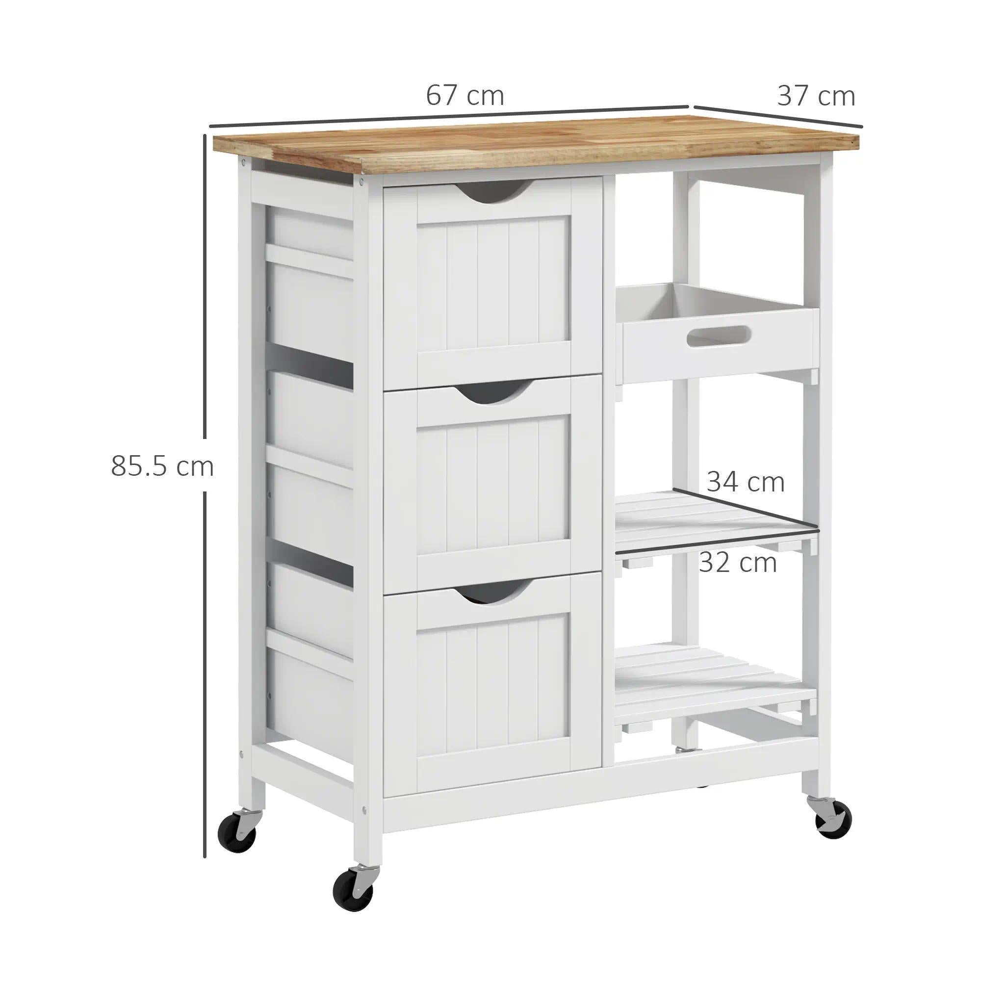 Rolling Kitchen Trolley Cart, Mobile Kitchen Island with Rubberwood Worktop, White MDF Storage Cart with 3 Drawers, Open Shelves & Removable Serving Tray, Lockable Wheels for Dining & Kitchen Storage
