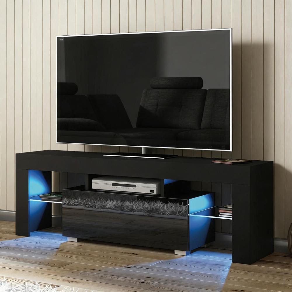 130cm Modern High Gloss TV Stand with LED Light & Glass Shelves Storage Cabinet [Plus A Free Gift]