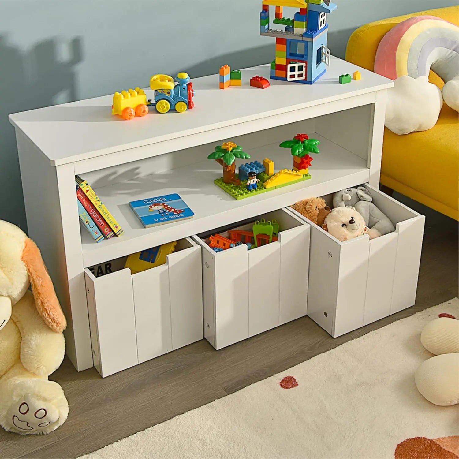 COSTWAY Kids Toy Storage Cabinet, Wooden Playroom Chest with Drawers and Large Open Shelf, Children Room Toys Books Storage Organizer for Boys Girls. For detailed product dimensions, please refer to the size chart in the product description.