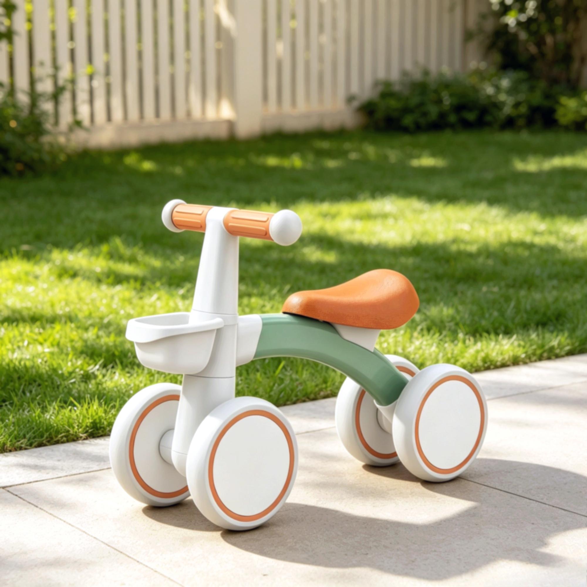4‑Wheel Baby Balance Bike, No‑Pedal Toddler Ride‑On Toy with Removable Front Basket, 3‑Level Adjustable Seat, Safe Steering Limiter, Stable First Walker for Toddlers 12‑24 Months, Ideal 1st Birthday Gift for Boys & Girls