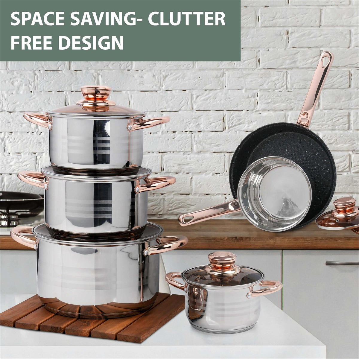 12‑Piece Stainless Steel Cookware Set with Glass Lids, Non‑Stick Casserole & Stockpot, Rose Gold Handles, Induction Compatible Kitchen Cooking Pots Set