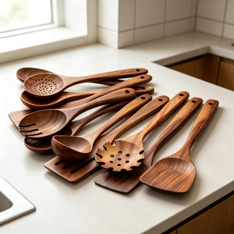 10-Piece Natural Wood Kitchen Utensil Set, Ergonomic Heat Resistant Wooden Cooking Tools, Non-Scratch Spoons & Spatulas for Electric Stoves, Premium Wooden Cookware Accessory, Ideal Kitchen Gift for Home Cooking