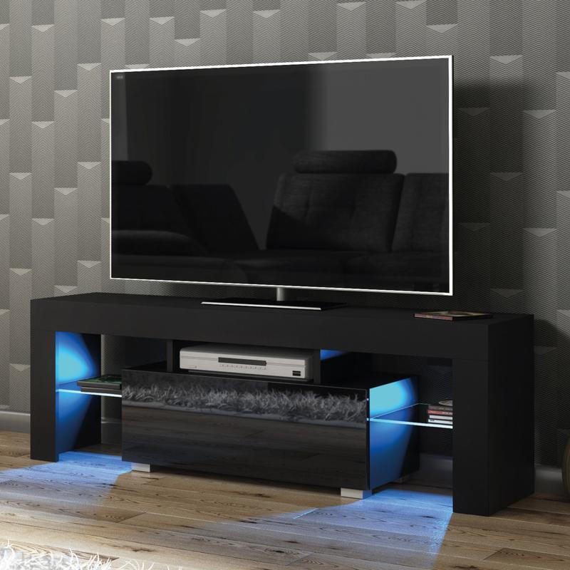 130cm Modern High Gloss TV Stand with LED Light & Glass Shelves Storage Cabinet [Plus A Free Gift]