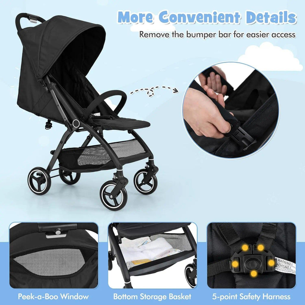 Lightweight Baby Pushchair – One-Hand Fold Travel Stroller for Infants 0-36 Months, Adjustable Reclining Seat, Extendable Canopy, 5-Point Safety Harness, Large Under-Seat Basket, Compact for Car Boot [Plus A Free Gift]