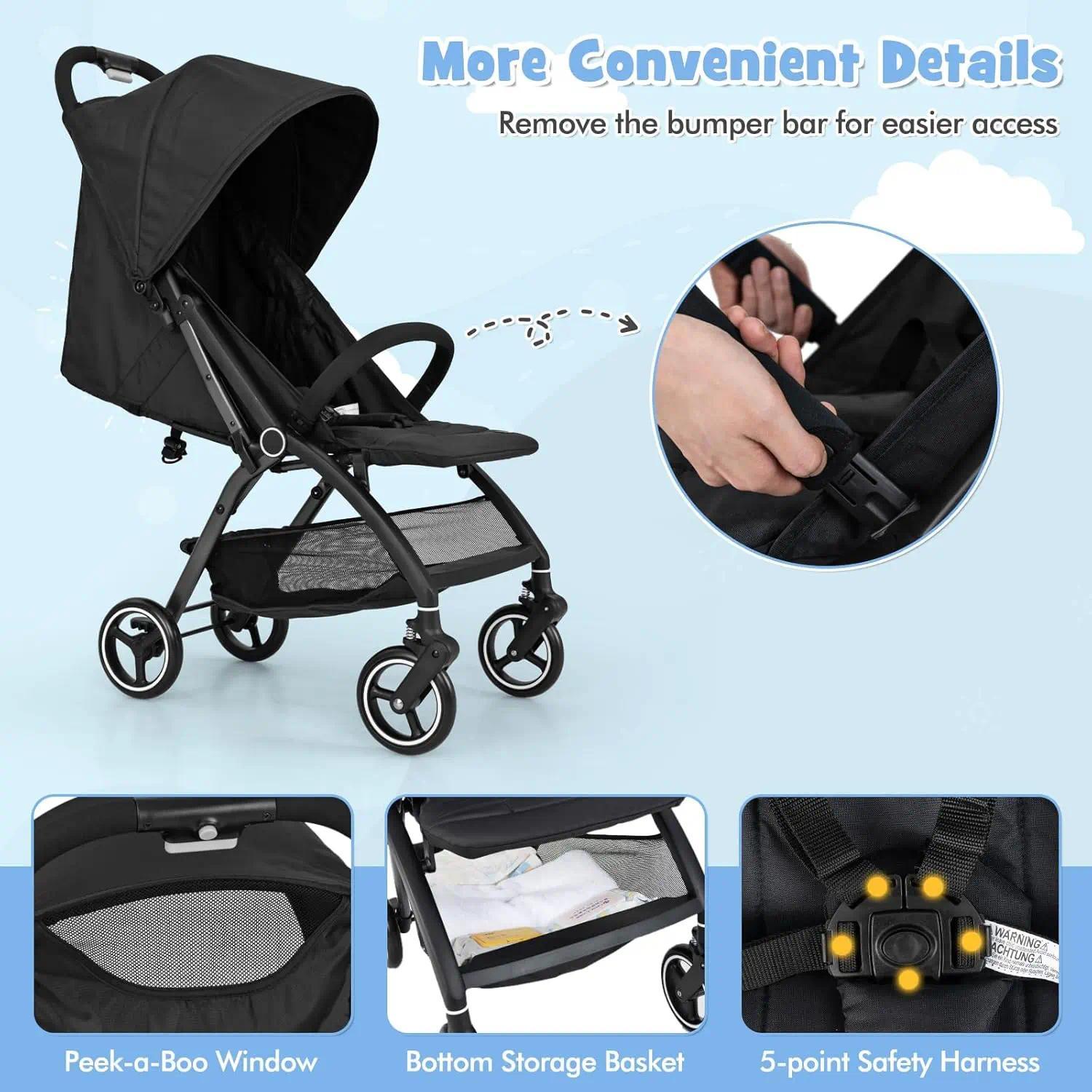 Lightweight Baby Pushchair – One-Hand Fold Travel Stroller for Infants 0-36 Months, Adjustable Reclining Seat, Extendable Canopy, 5-Point Safety Harness, Large Under-Seat Basket, Compact for Car Boot [Plus A Free Gift]
