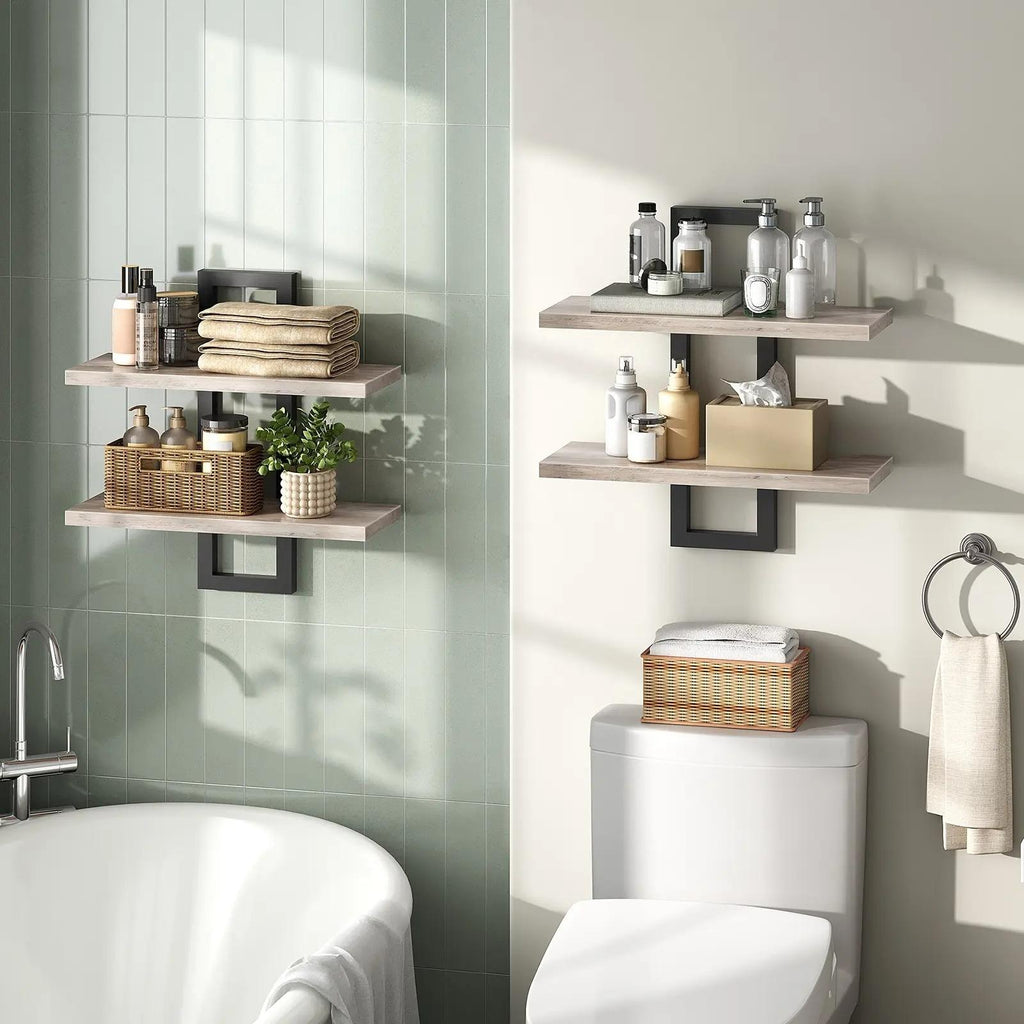 Set of 2 Double‑Tier Floating Wall Shelves, Wall‑Mounted Storage Display Racks, Heavy‑Duty Particleboard Metal Frame Wall Shelf for Kitchen Living Room Bedroom Bathroom Home Decor