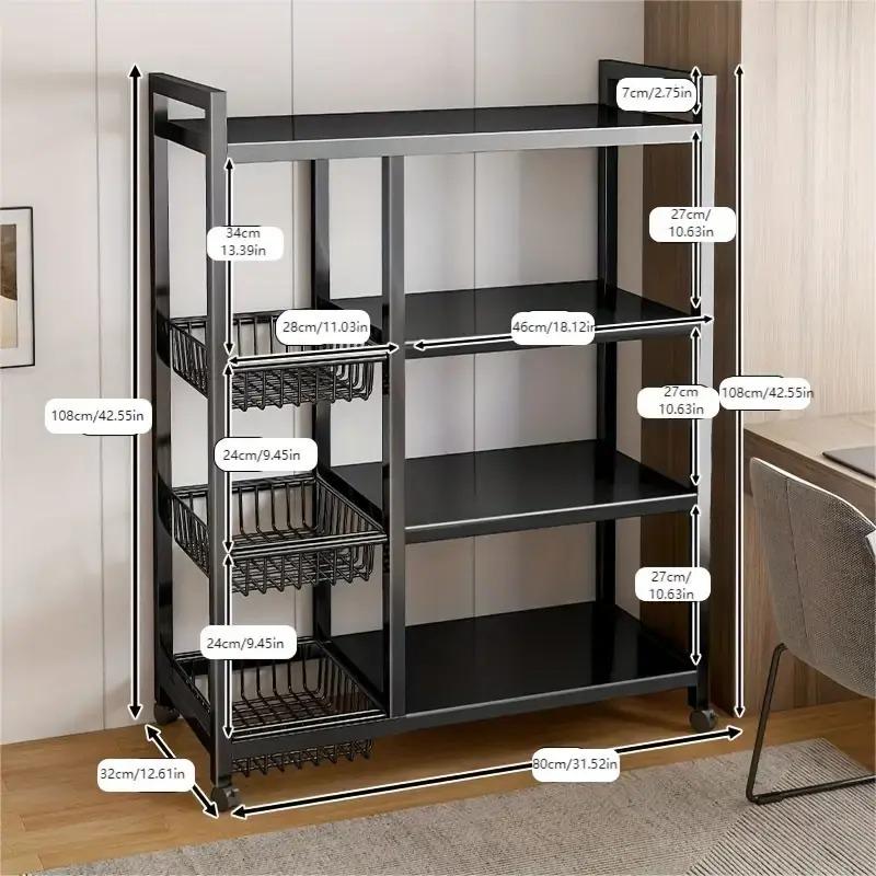 4‑Tier Heavy‑Duty Metal Kitchen Storage Cart Trolley with Wheels, Removable Fruit & Vegetable Baskets, Rolling Utility Organizer Rack, Multi‑Purpose Storage Shelf for Home Kitchen