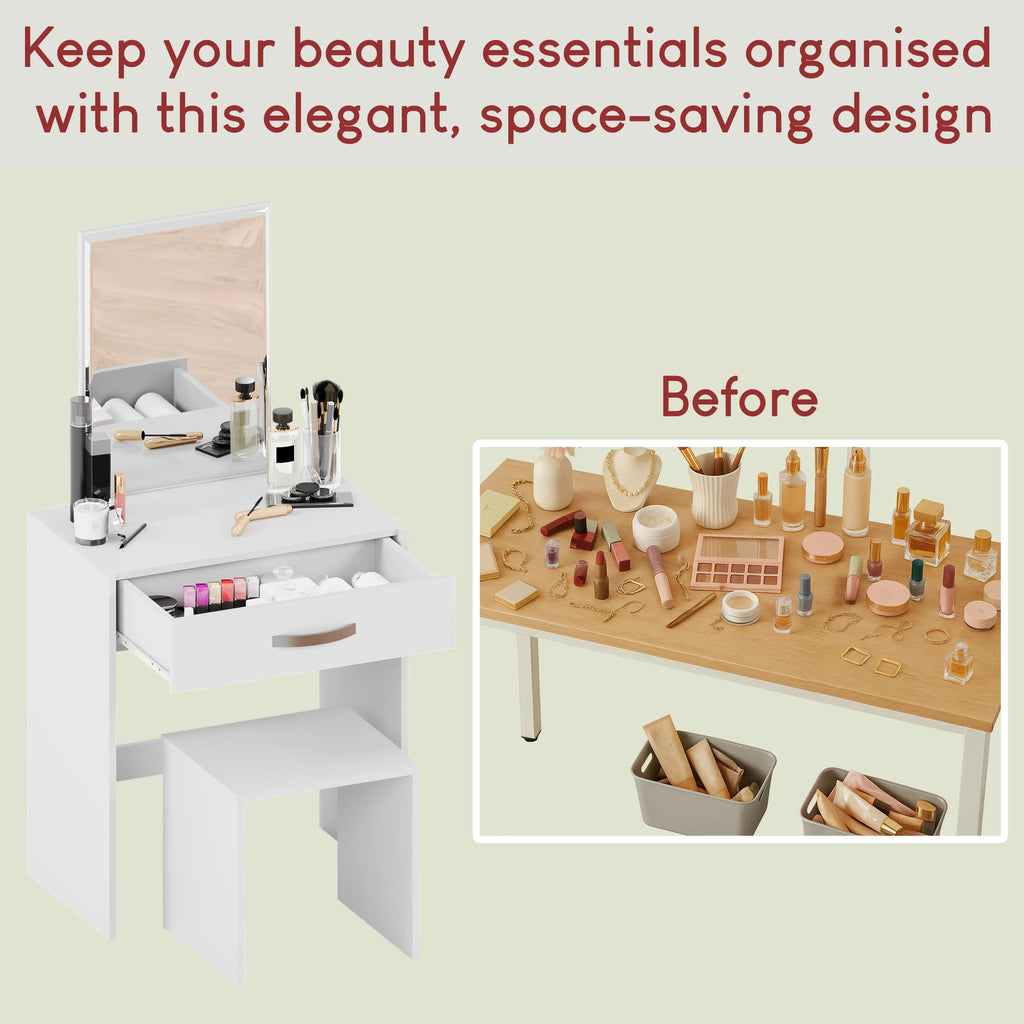 Dressing Table 1 Drawer Mirror & Stool Bedroom Set Makeup Vanity Cosmetics Storage Desk Dresser Furniture