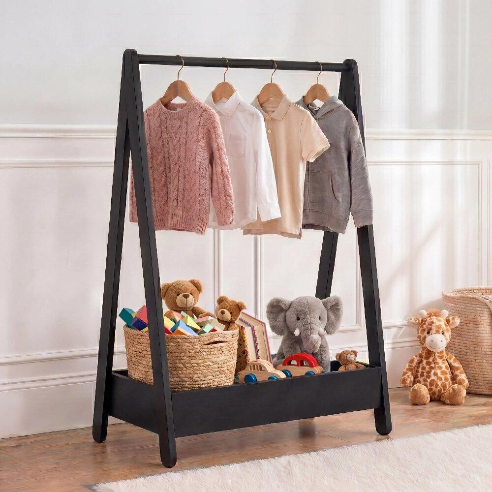 Kids Clothes Rack Solid Pine Wood White – 99H x 64.5W x 42D cm, Space-Saving Hanging Rail with Storage Shelf, Portable Stand for Toys & Shoes, Children’s Bedroom Organiser [Plus A Free Gift]