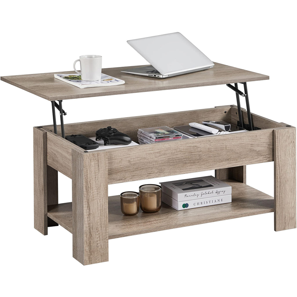 【NS】Lift Up Coffee Table, Wooden Lifting Tea Table with Hidden Storage Drawer and Open Shelf for Living Room/Reception, Rustic Brown, 98x50x(42-56) cm