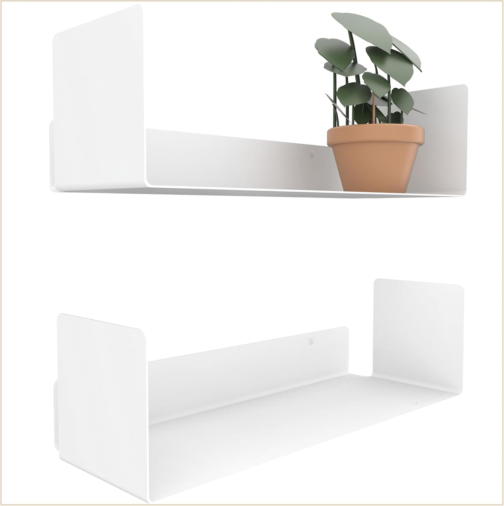 2 Pack White Floating Wall Bookshelves (2x40 cm) - Wall Mounted Shelf Set, Ideal for Bedroom & Living Room