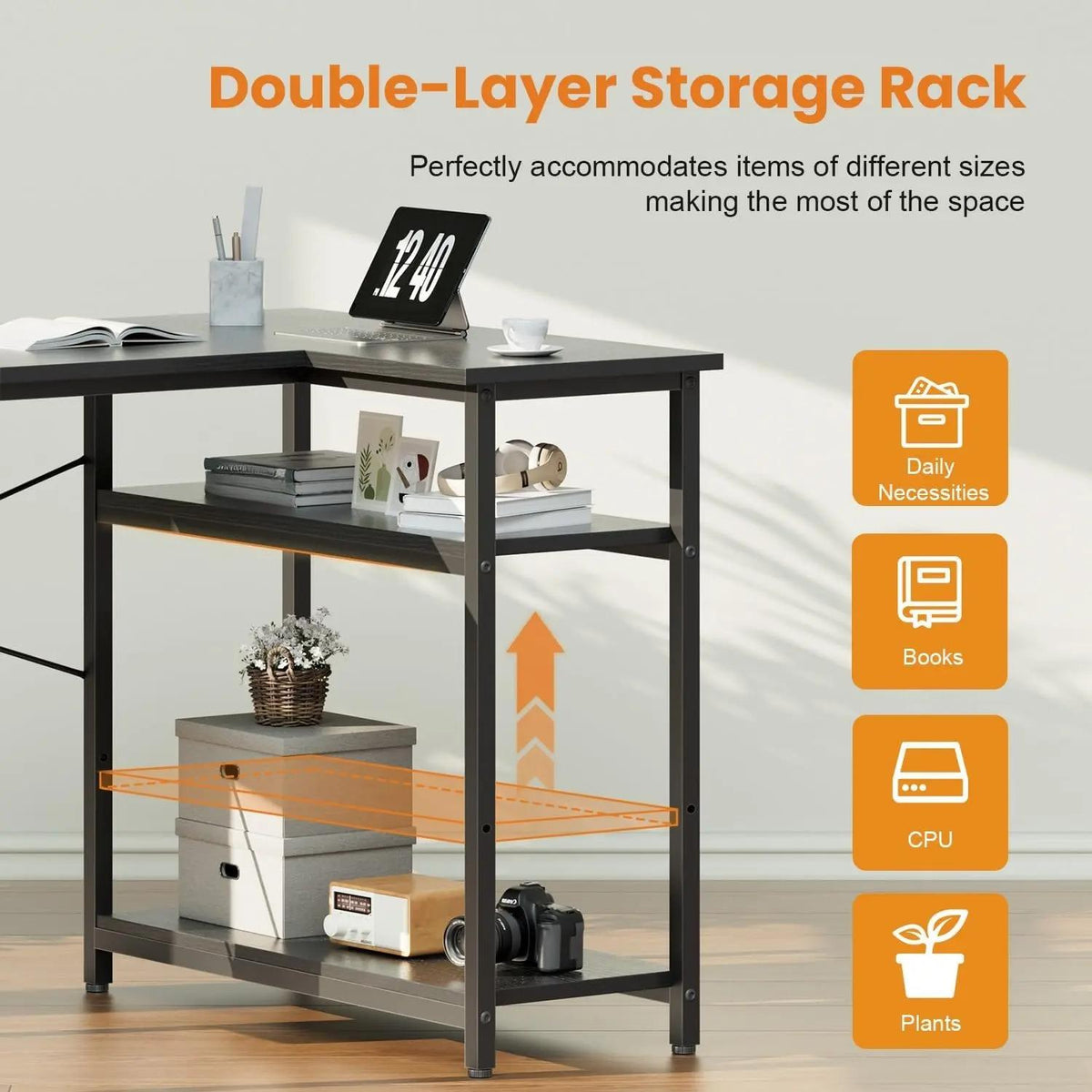 Small L‑Shaped Corner Gaming Desk, Reversible Storage Shelves Computer Desk with Storage Bag & Headphone Hook, Home Office Workstation for Study Writing Gaming