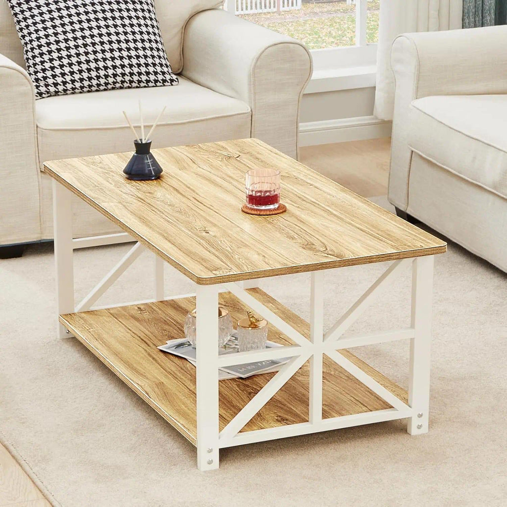 2-Tier Storage Coffee Table, 100cm Modern X-Frame Accent Table with Safe Rounded Corners, Multipurpose Side Table for Living Room Home Office