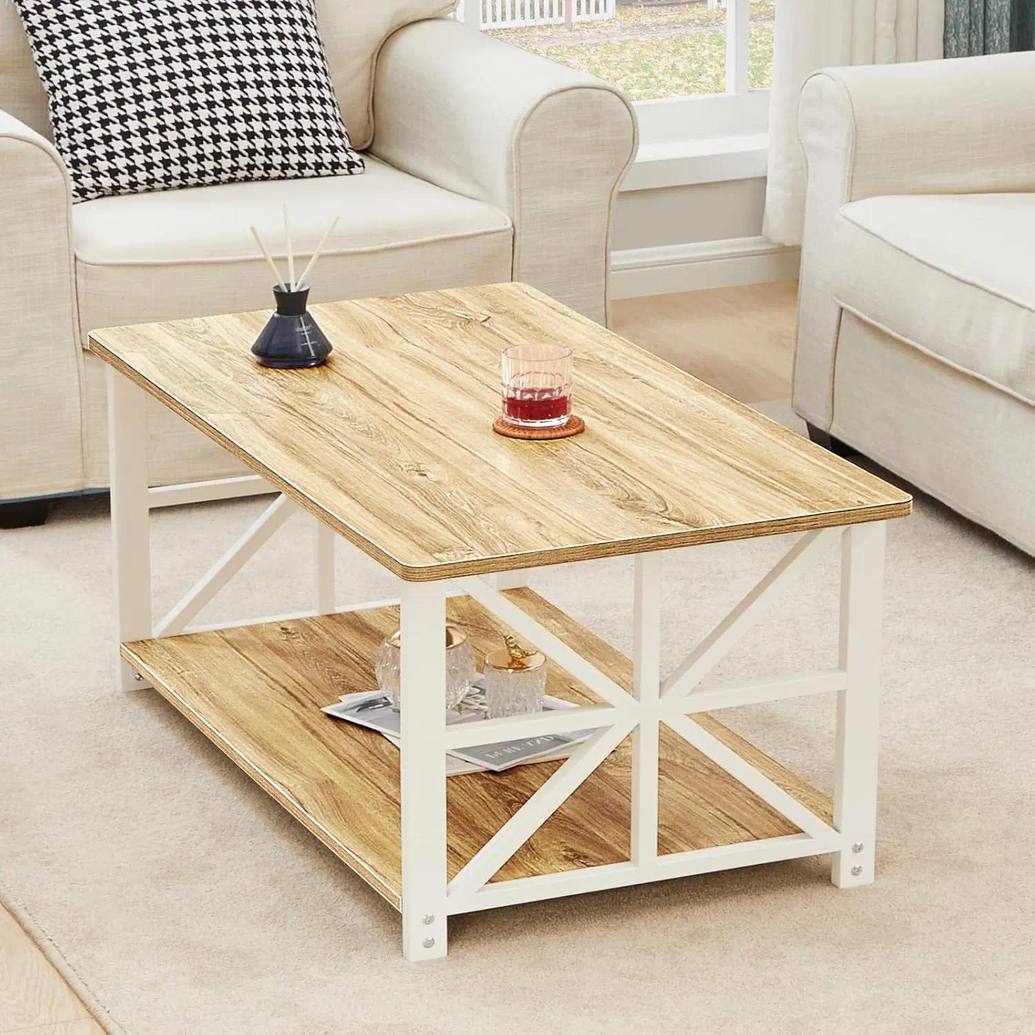 2-Tier Storage Coffee Table, 100cm Modern X-Frame Accent Table with Safe Rounded Corners, Multipurpose Side Table for Living Room Home Office