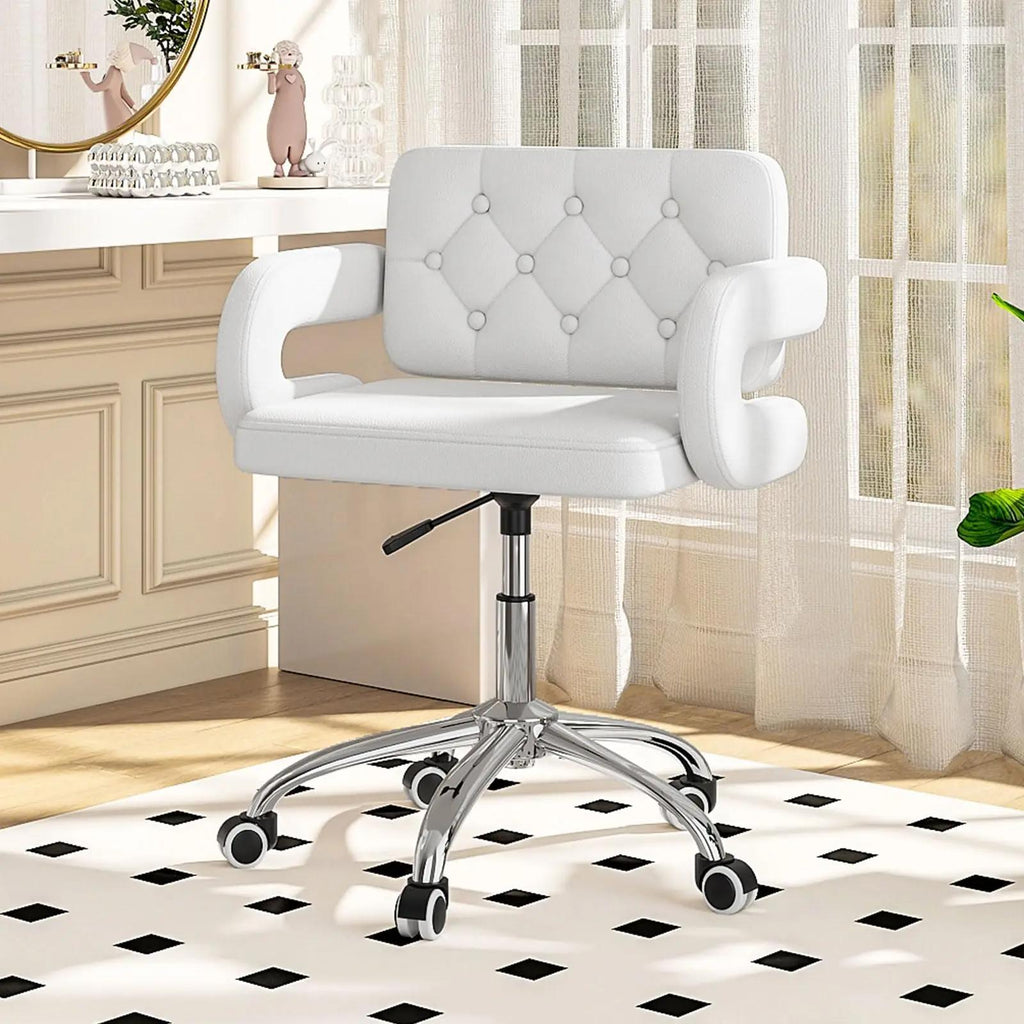 Faux Leather Swivel Office Chair, Height Adjustable Ergonomic Desk Chair, Vanity Chairs Lumbar Support and C-Armrests for Office Bedroom Living Room, Pink
