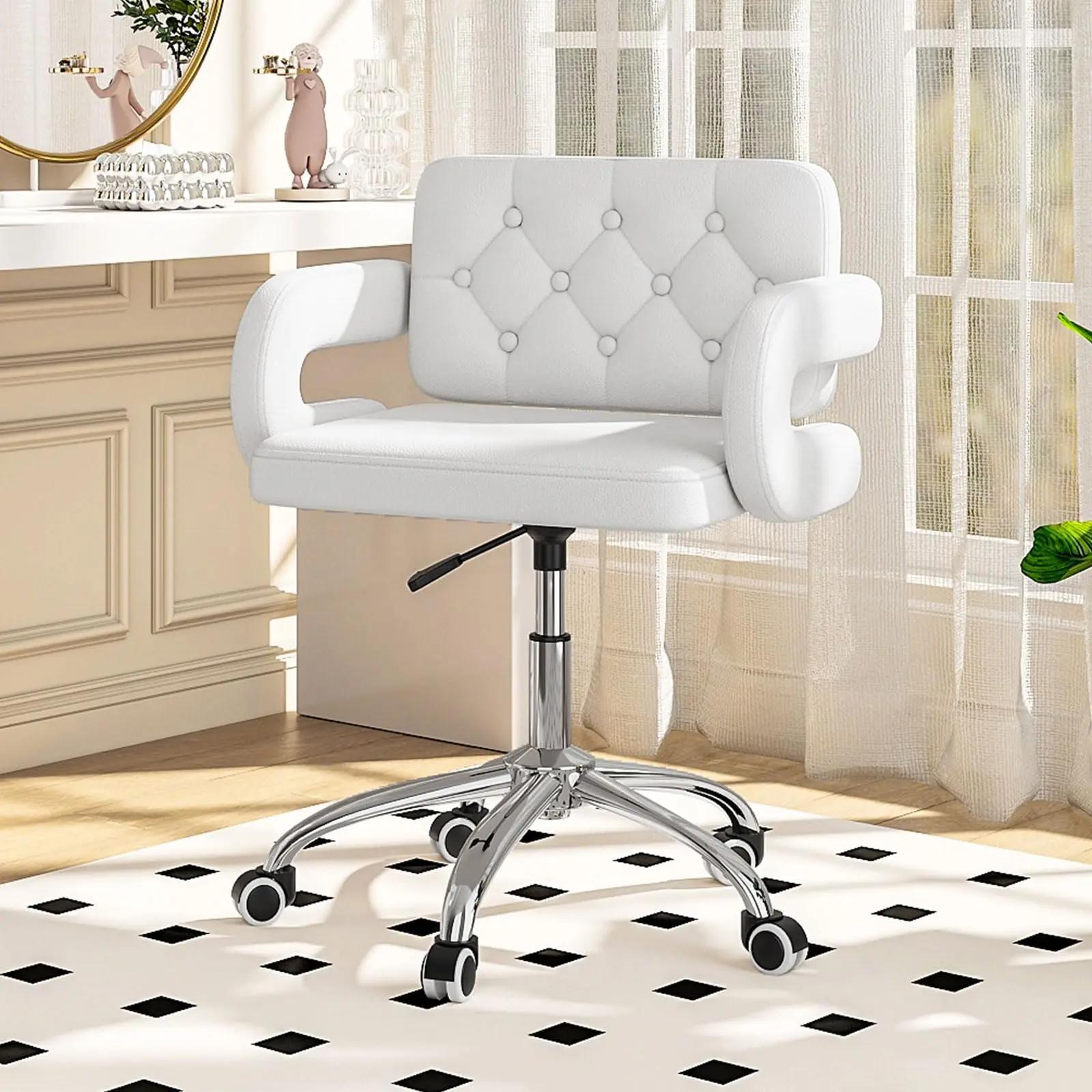 Faux Leather Swivel Office Chair, Height Adjustable Ergonomic Desk Chair, Vanity Chairs Lumbar Support and C-Armrests for Office Bedroom Living Room, Pink