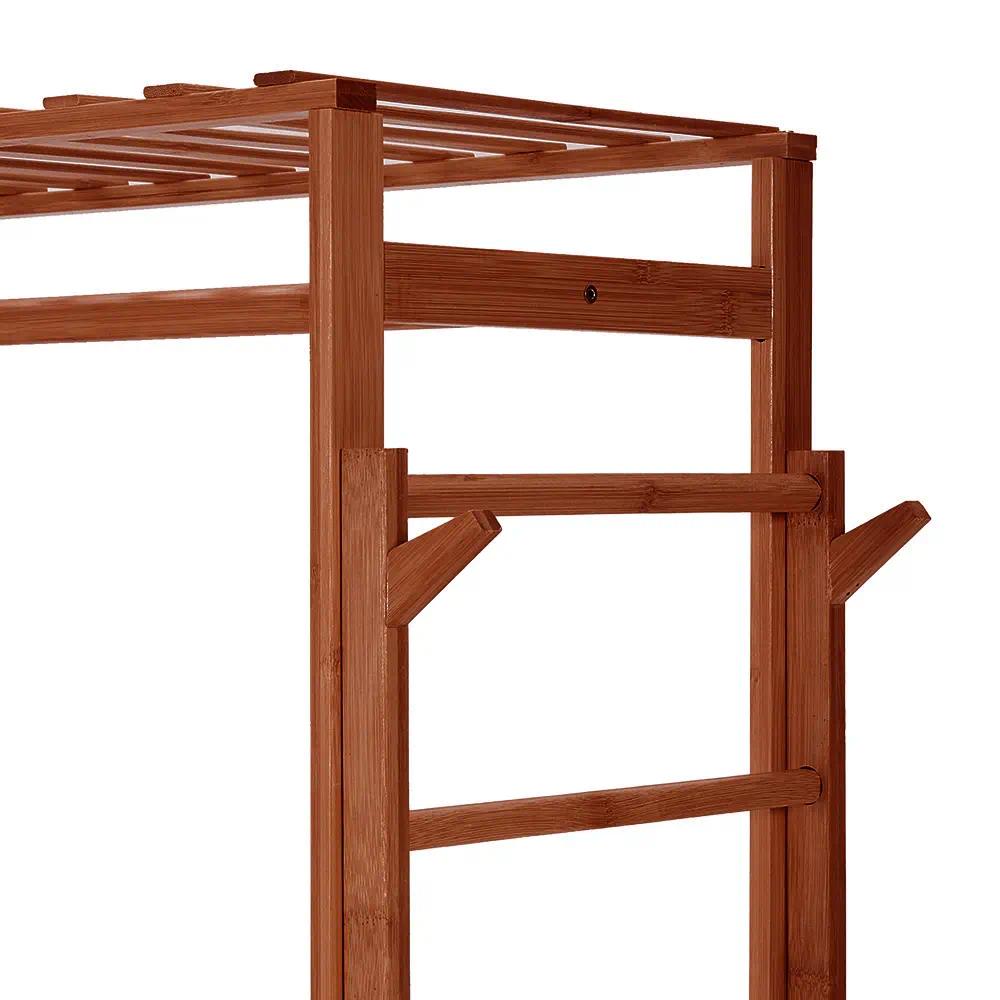 Freestanding Wood Open Garment Rack, Multi‑Storage Clothes Rack with 2 Hanging Rods, Trouser Holder & Multi‑Tier Shelves, Clothing Organizer for Bedroom Entryway Dressing Room