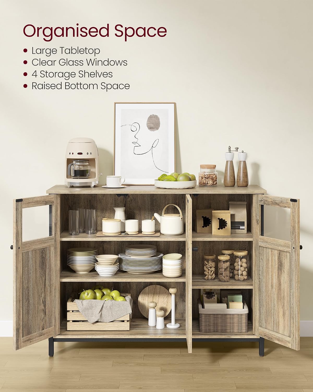 Industrial Style Sideboard Buffet Cabinet, Glass & Solid Panel Storage Cabinet with Adjustable Shelf and Robust Steel Frame, Modern Multipurpose Accent Furniture for Kitchen, Hallway, Living Room and Dining Room Decor