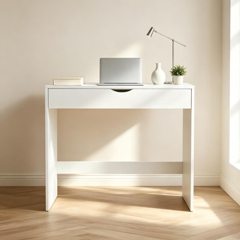 Compact White Desk with Drawer, 75x40cm Modern Wooden Study Table, 2-in-1 Dressing Table & Home Office Workstation for Bedroom, Living Room, or Small Space [Plus A Free Gift]