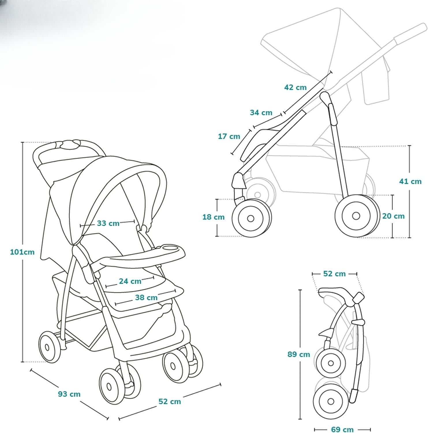 Foldable Lightweight Travel Baby Stroller, Compact City Stroller for Toddlers 6‑36 Months (Max 15kg), Reclining Lie‑Flat Seat with Adjustable Footrest, XXL All‑Weather Canopy, 5‑Point Harness & Shock‑Absorbing Wheels, Storage Basket, Detachable Tray and P