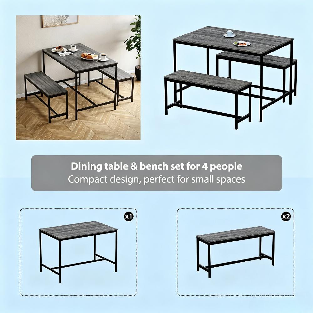 Industrial 4 Seater Dining Set with Bench – Space-Saving 3 Piece Table & Bench for Modern Kitchen [Plus A Free Gift]