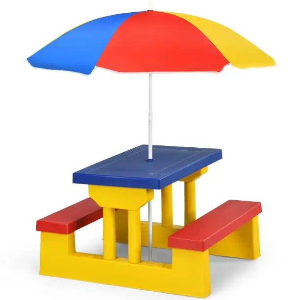 Kids Outdoor Picnic Table with Detachable Adjustable Umbrella, 4-Seater PP Plastic Table & Bench Set, Indoor Backyard Garden Activity Play Furniture for Boys and Girls