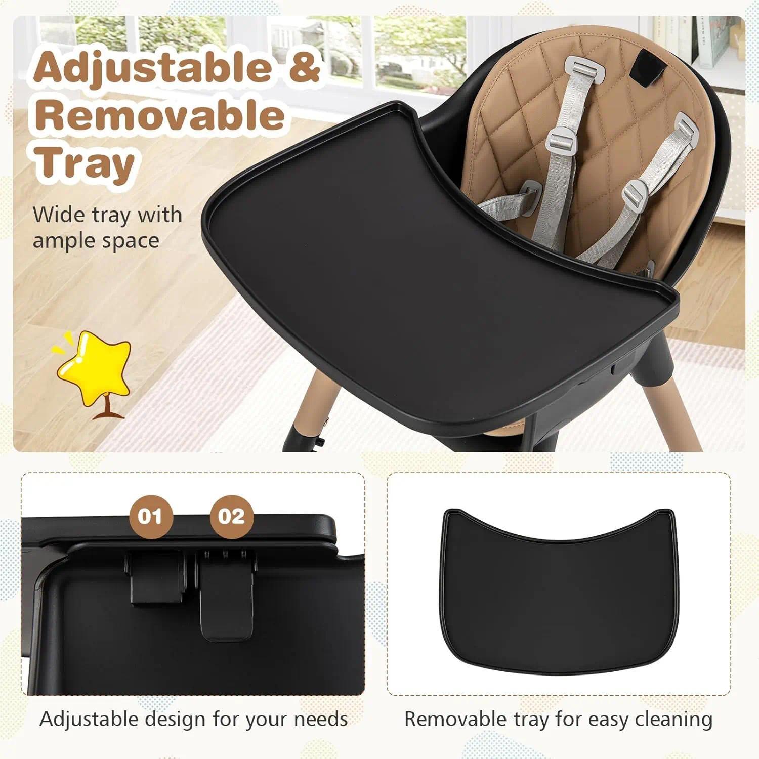 Convertible Baby High Chair 6-36 Months, Adjustable Infant Dining Seat with Removable 2-Position Tray, 5-Point Safety Harness, Easy-Clean Toddler Feeding Chair for Home & Travel [Plus A Free Gift]