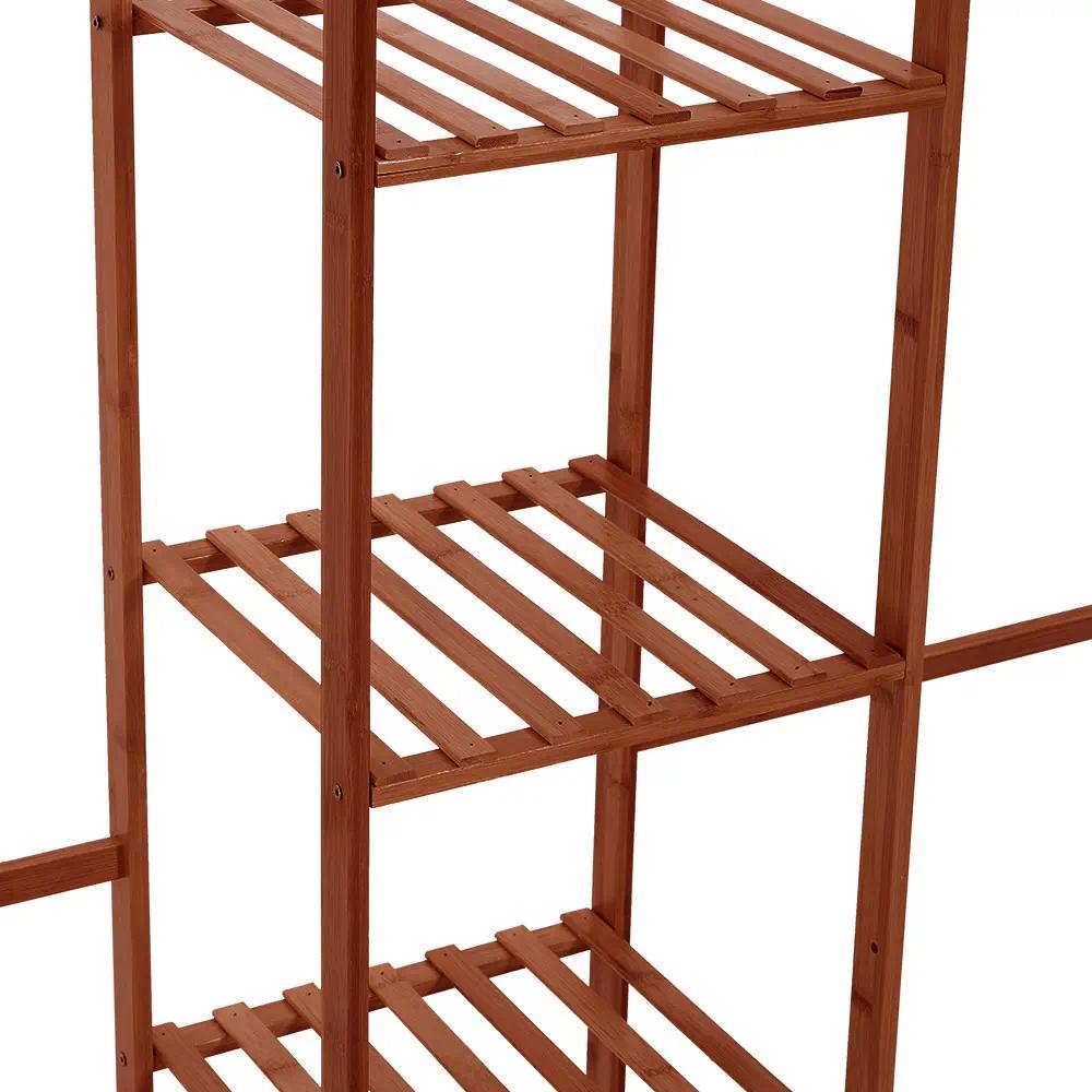 Freestanding Wood Open Garment Rack, Multi‑Storage Clothes Rack with 2 Hanging Rods, Trouser Holder & Multi‑Tier Shelves, Clothing Organizer for Bedroom Entryway Dressing Room