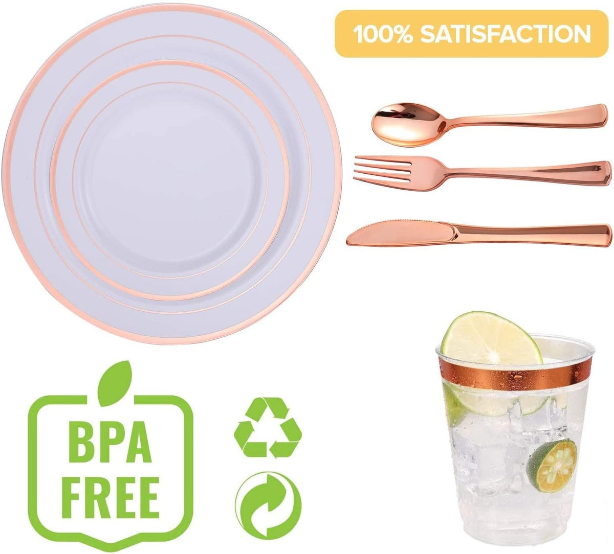 Multi-Use  Plastic Dinnerware Set,  Resuable Dinner Plates,  Salad Plates,  Knives,  Mini Forks,  Spoons,  300ml Cups for Wedding Anniversary Garden Party