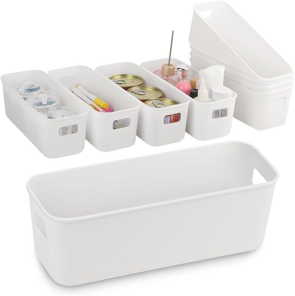 8 pack Narrow Storage Box, Plastic Storage Baskets for Shelves, Slim Kitchen Cupboard Organiser Storage Boxes for Bathroom Cabinet, Drawers, Desktop Organisation, 10 cm Wide Rectangle,White