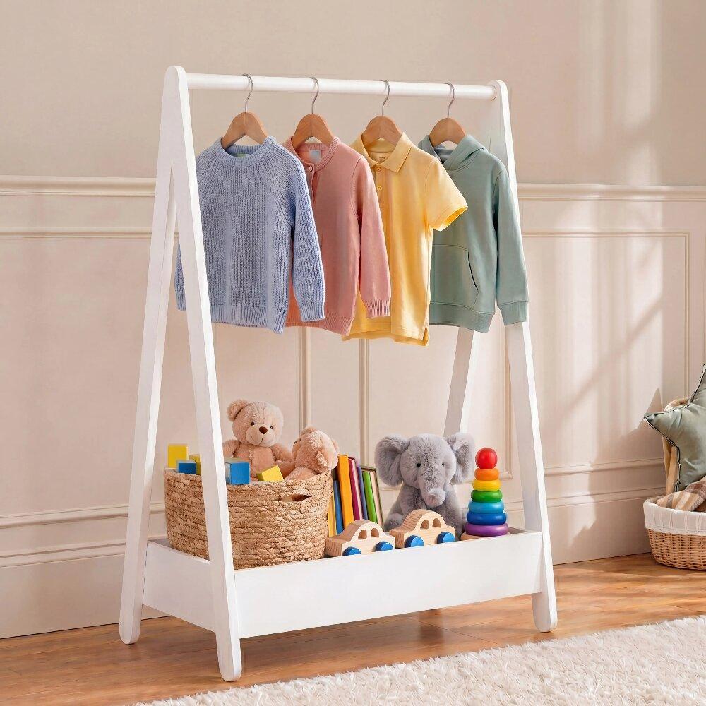 Solid Pine Wood Kids Clothes Rack with Storage Shelf – Space-Saving Hanging Rail for Toys & Footwear, Portable Black Stand for Children’s Bedroom (99H x 64.5W x 42D cm)  [Plus A Free Gift]