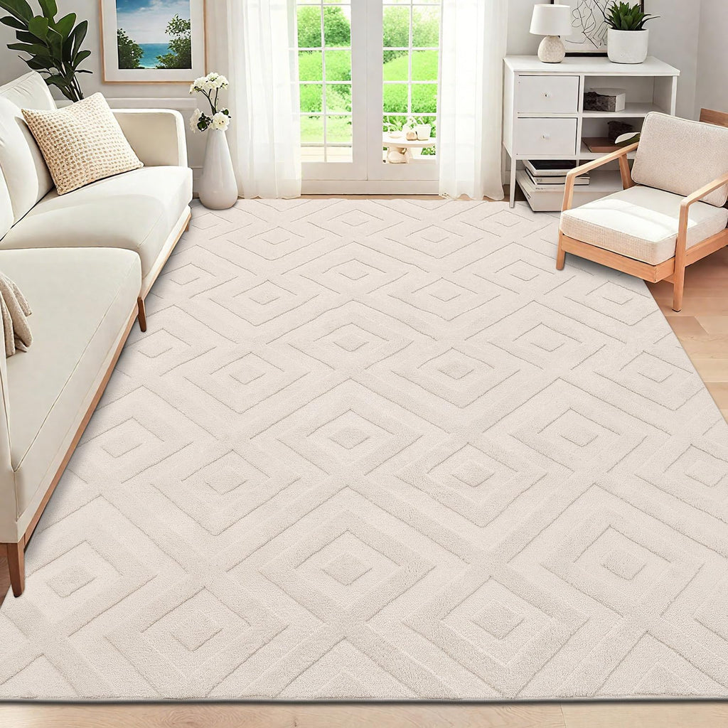 Premium Beige Washable Rug 160x230cm - Ultra Soft Short Pile & Non-Slip Backing | Modern Geometric Living Room/Bedroom/Office Carpet