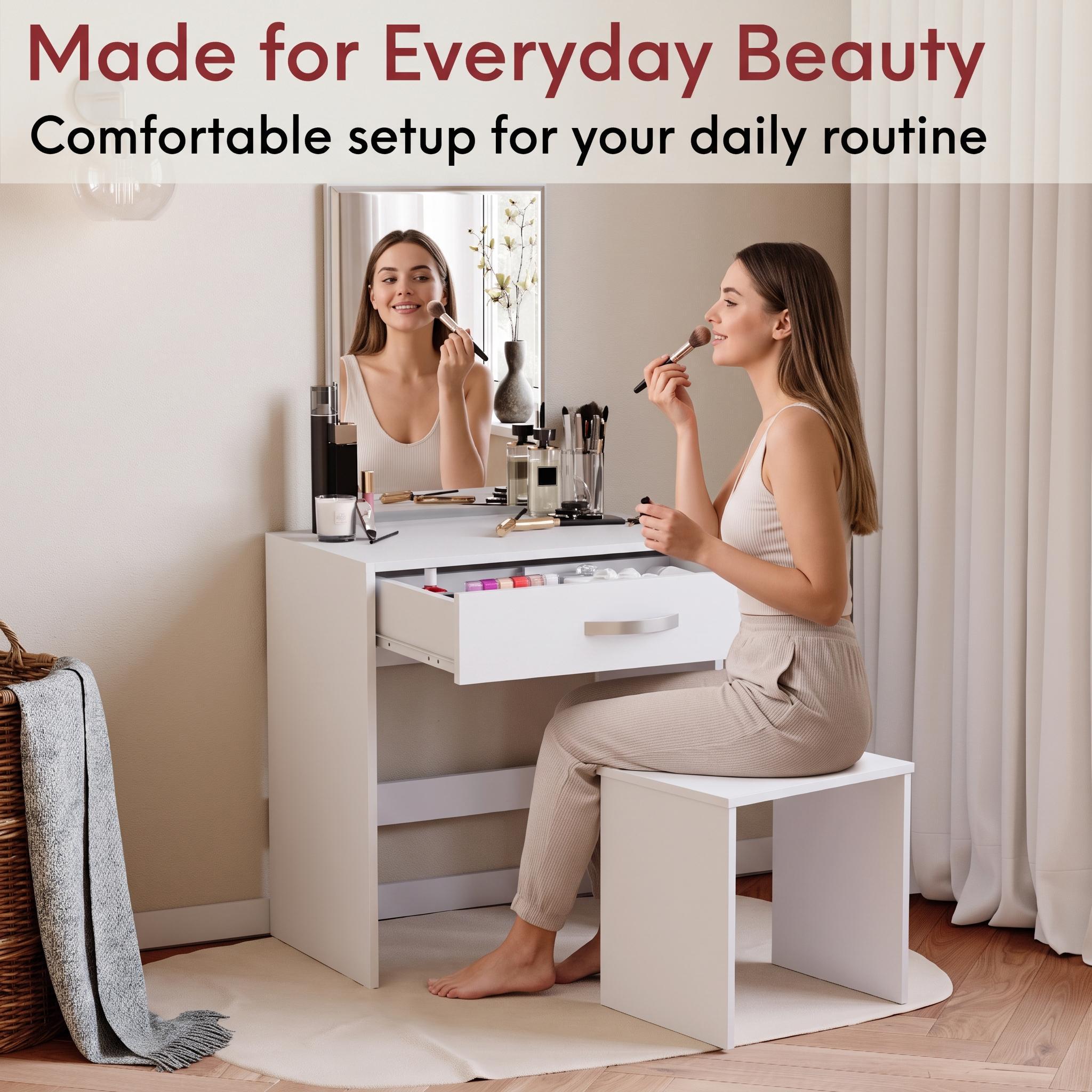 Dressing Table 1 Drawer Mirror & Stool Bedroom Set Makeup Vanity Cosmetics Storage Desk Dresser Furniture