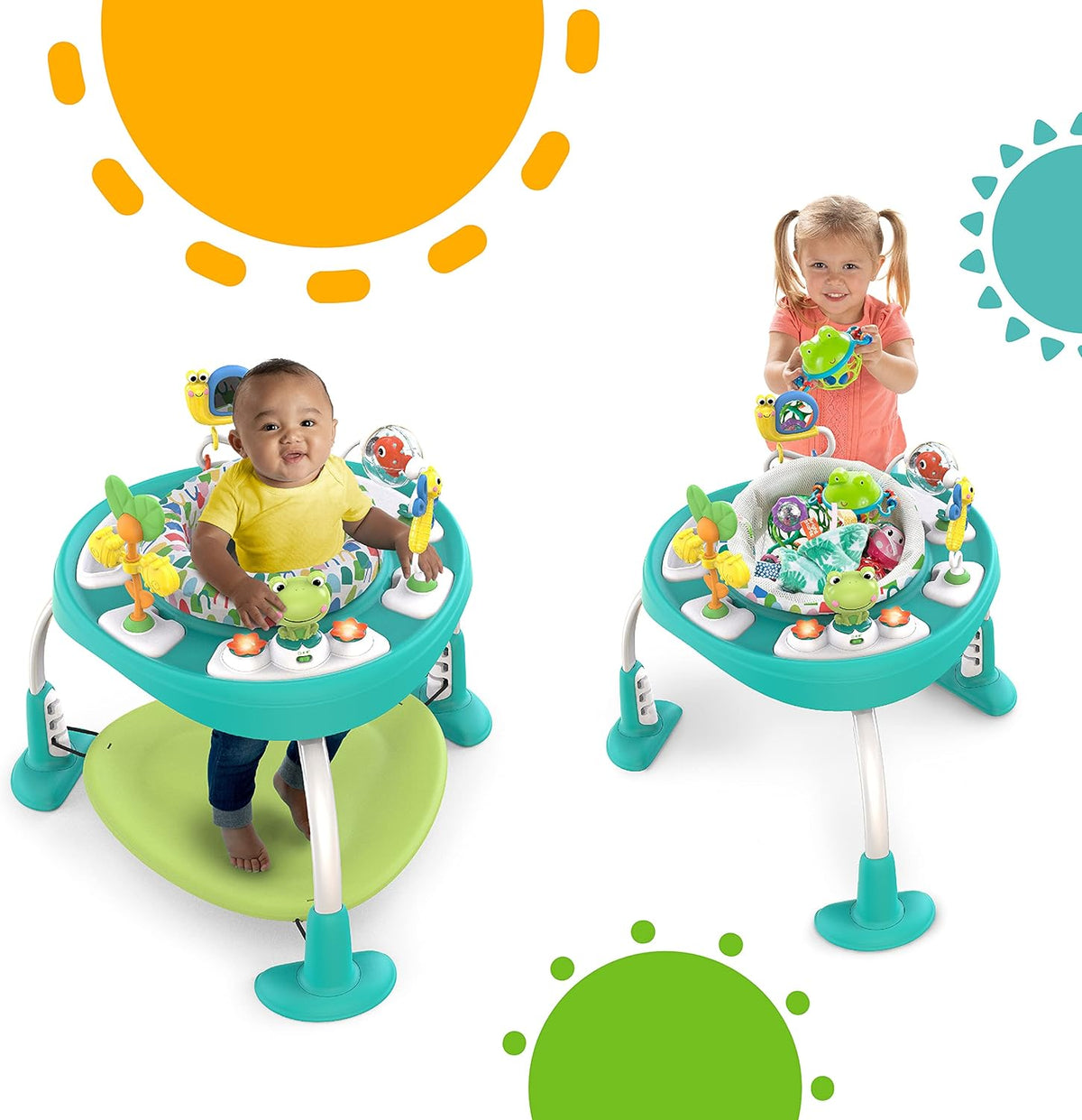 360° Rotatable 2-in-1 Baby Activity Center, Convertible Jumper & Play Table with 7 Interactive Toys, Adjustable Height and Storage Bag, Play Equipment for Infants 6 Months+