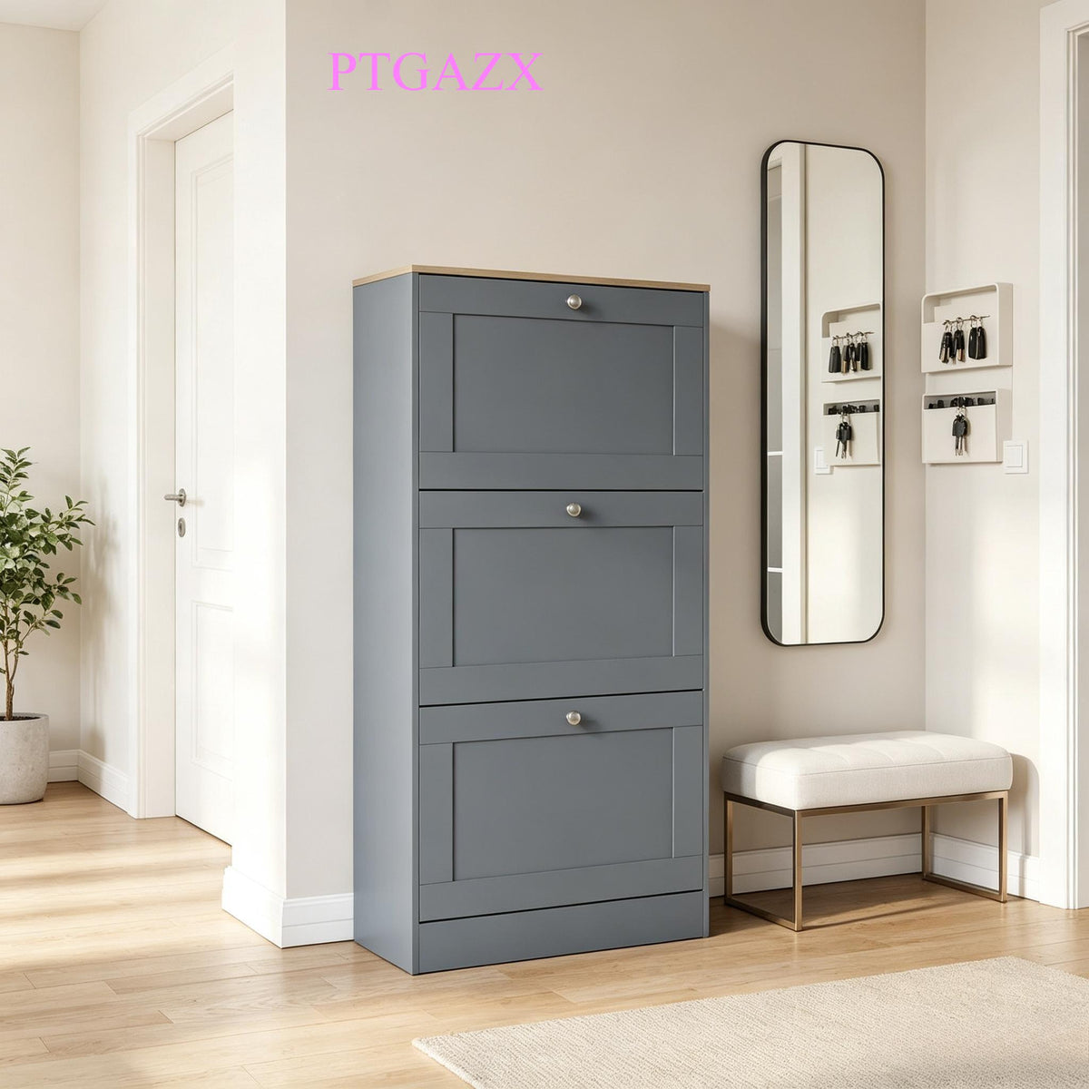 3 Drawer Pull-Down Shoe Cabinet, Slim Space-Saving Wooden Shoe Storage Organizer with Oak Top Surface, Hidden Footwear Storage Cabinet for Entryway Hallway Bedroom Home Furniture