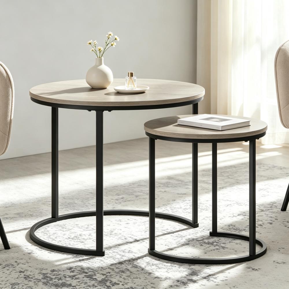 Grey Round Nesting Coffee Tables Set of 2, Faux Wood Grain Top, Scratch & Water Resistant, Sturdy Iron Frame, 40kg Load Capacity, Space-Saving Design for Living Room [Plus A Free Gift]
