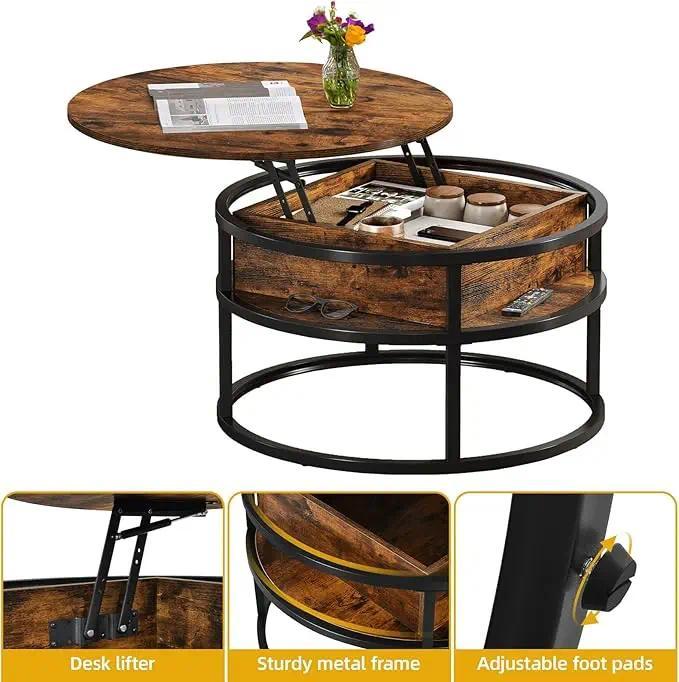 Round Lift Top Coffee Table for Living Room, Rustic Wooden Center Table with Hidden Storage Compartment & Side Open Shelves, Multifunctional Lift‑Up Dining Work Table for Small Space Apartment Home Office
