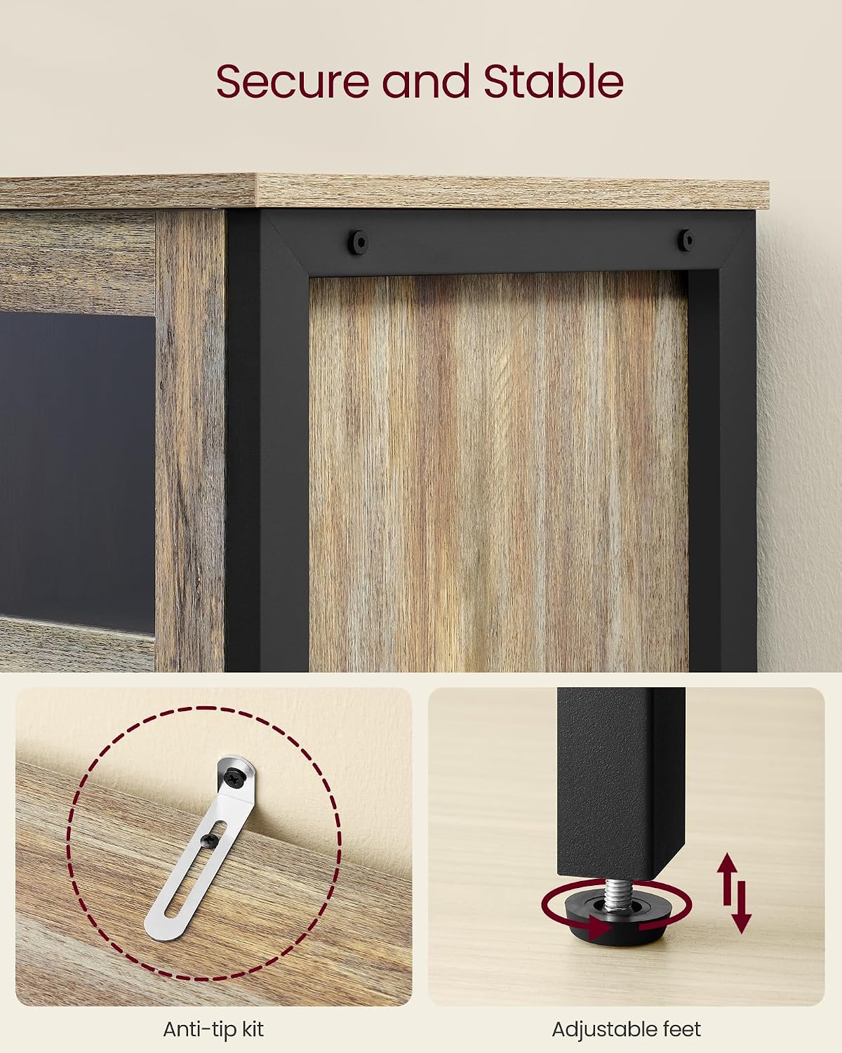 Industrial Style Sideboard Buffet Cabinet, Glass & Solid Panel Storage Cabinet with Adjustable Shelf and Robust Steel Frame, Modern Multipurpose Accent Furniture for Kitchen, Hallway, Living Room and Dining Room Decor