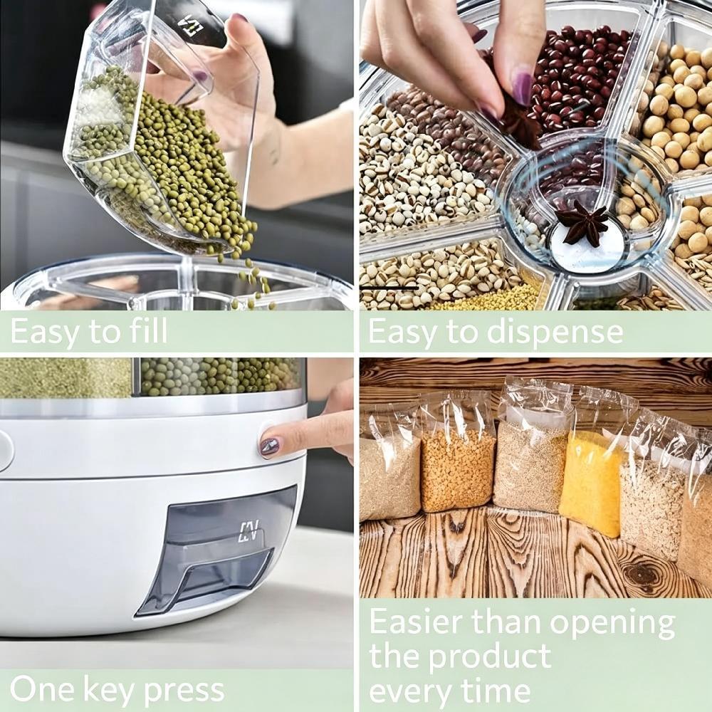 6-Compartment 360° Rotating Rice Dispenser Container, Transparent Dry Food Storage Bin, Airtight Fruit & Grain Keep Fresh Box for Kitchen Countertop Organization [Plus A Free Gift]