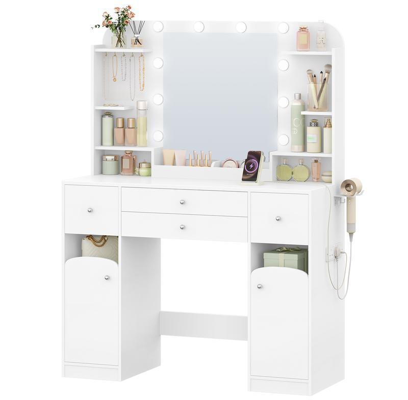 【NS】Dressing Table with Mirror, Vanity Table with Adjustable Brightness, Power Strip, 4 Drawers and 2 Open Cabinets, 5 Jewelry Hooks, Open Compartments, White,