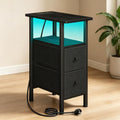 Slim Bedside Table with Charging Station and LED Lights, Narrow Nightstand with 2 Fabric Drawers for Small Spaces, Black End Table for Living Room and Bedroom